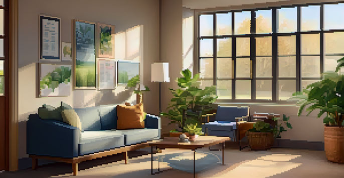 A cozy school counseling office with comfortable seating, plants, and artwork, illuminated by soft sunlight.