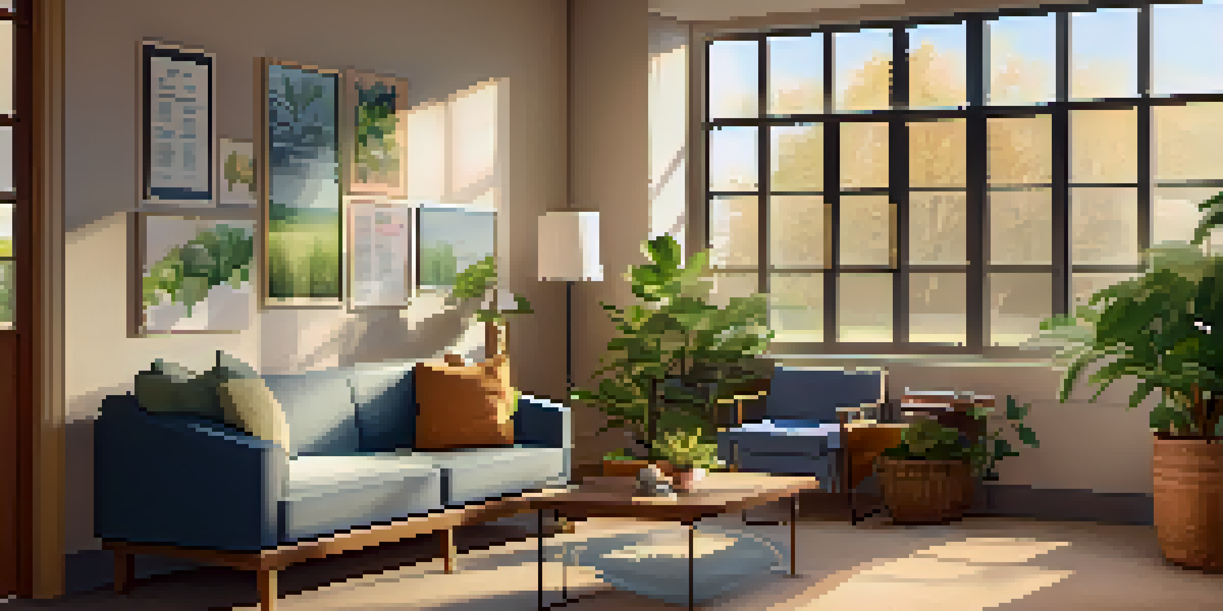 A cozy school counseling office with comfortable seating, plants, and artwork, illuminated by soft sunlight.