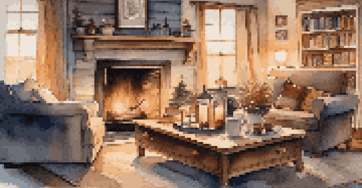 A warm winter living room with a glowing fireplace, a comfortable sofa, and a cup of hot cocoa on a table.