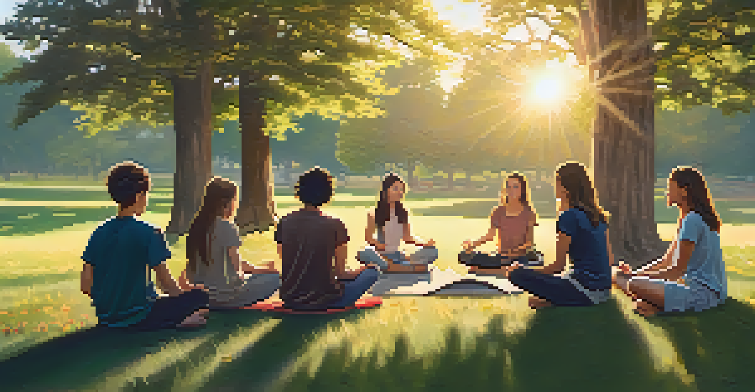 Teenagers sitting in a circle on a grassy field during a mindfulness session, surrounded by trees and bathed in golden sunset light.