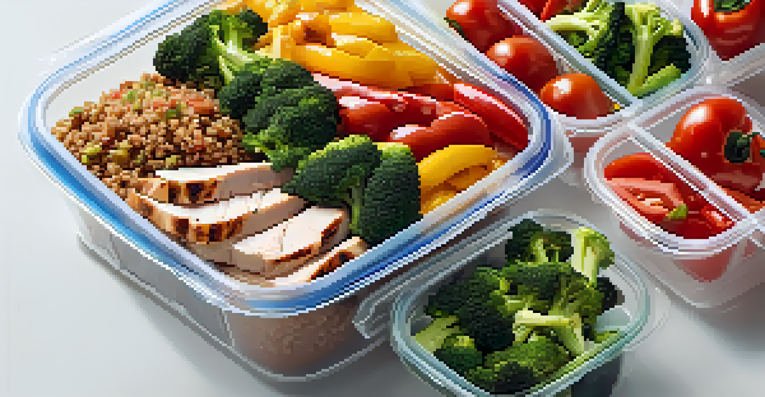 A meal prep container filled with grilled chicken, quinoa, and colorful vegetables.