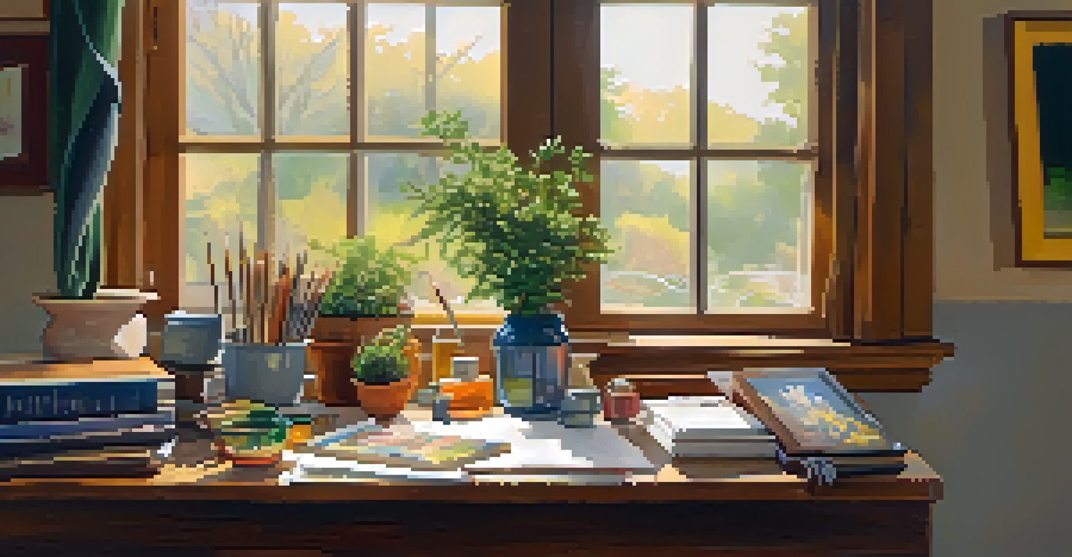 An indoor art space featuring a wooden table with art supplies and warm light coming through a window.