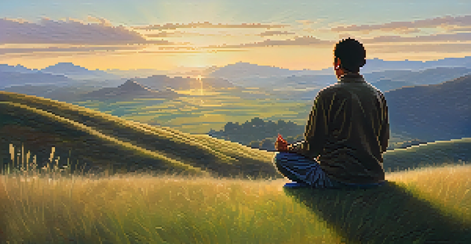 A person meditating on a grassy hillside during sunrise, surrounded by mountains and soft clouds.