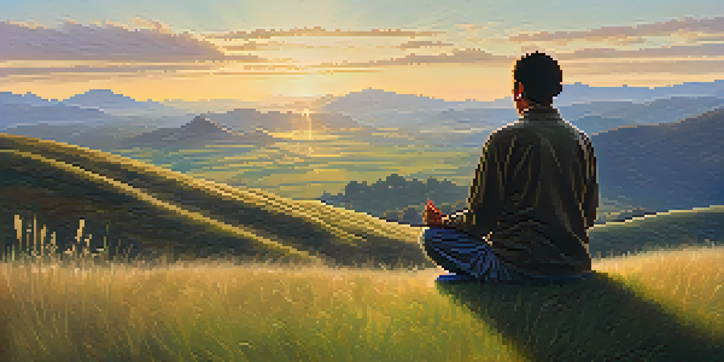 A person meditating on a grassy hillside during sunrise, surrounded by mountains and soft clouds.