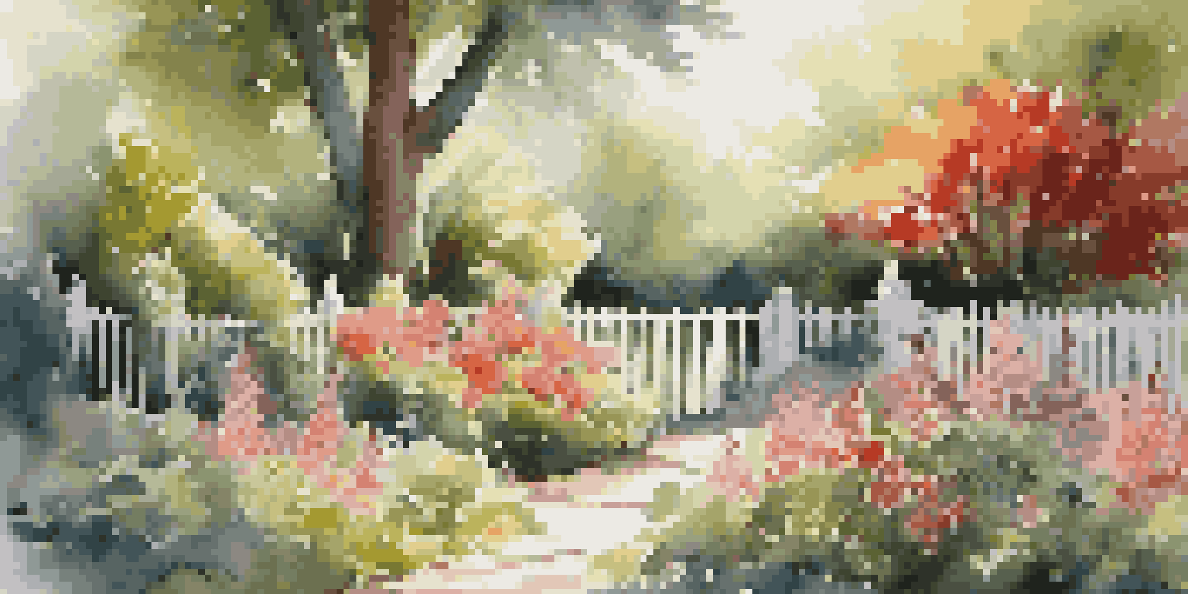 A peaceful garden surrounded by a wooden fence, filled with colorful flowers and green plants, with sunlight filtering through the leaves.