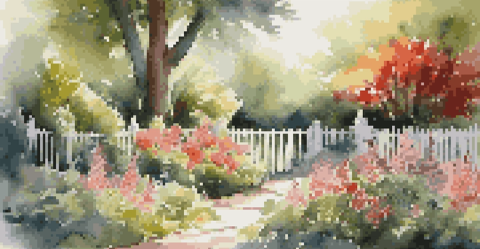 A peaceful garden surrounded by a wooden fence, filled with colorful flowers and green plants, with sunlight filtering through the leaves.