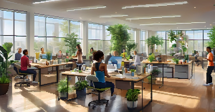 A bright office space with diverse employees participating in a wellness program, filled with plants and resources, showing a positive work environment.