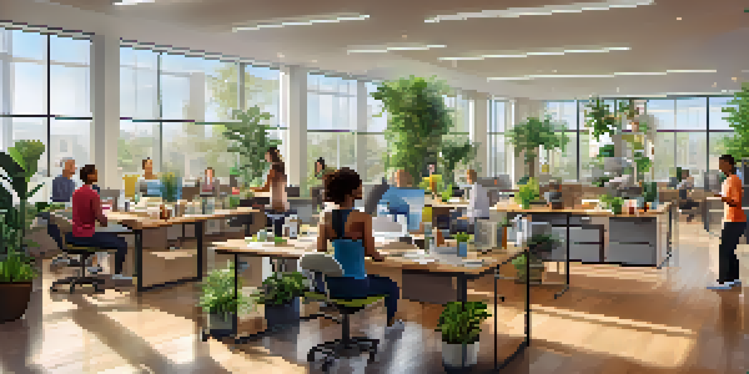 A bright office space with diverse employees participating in a wellness program, filled with plants and resources, showing a positive work environment.