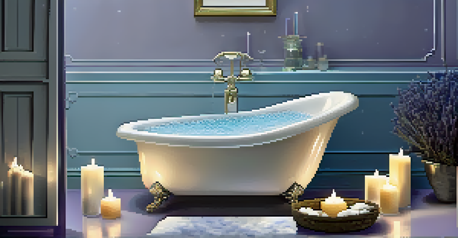 A luxurious bath filled with bubbles and essential oils, candles flickering in a calming bathroom scene.