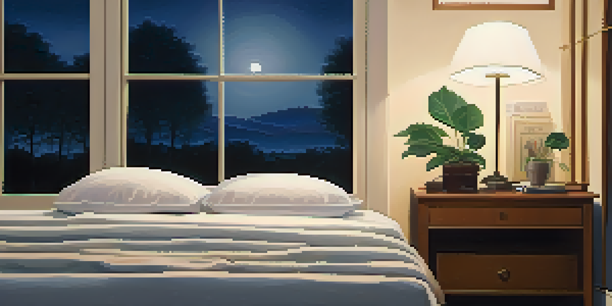 A peaceful bedroom with soft white bedding and warm ambient light, creating a calming atmosphere for sleep.