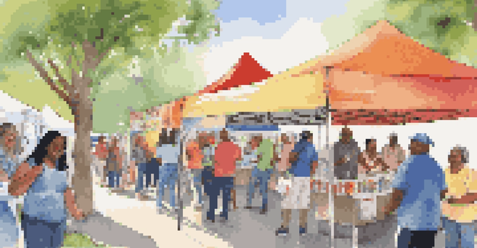 A lively community health fair with diverse participants, colorful banners, and volunteers assisting at booths.