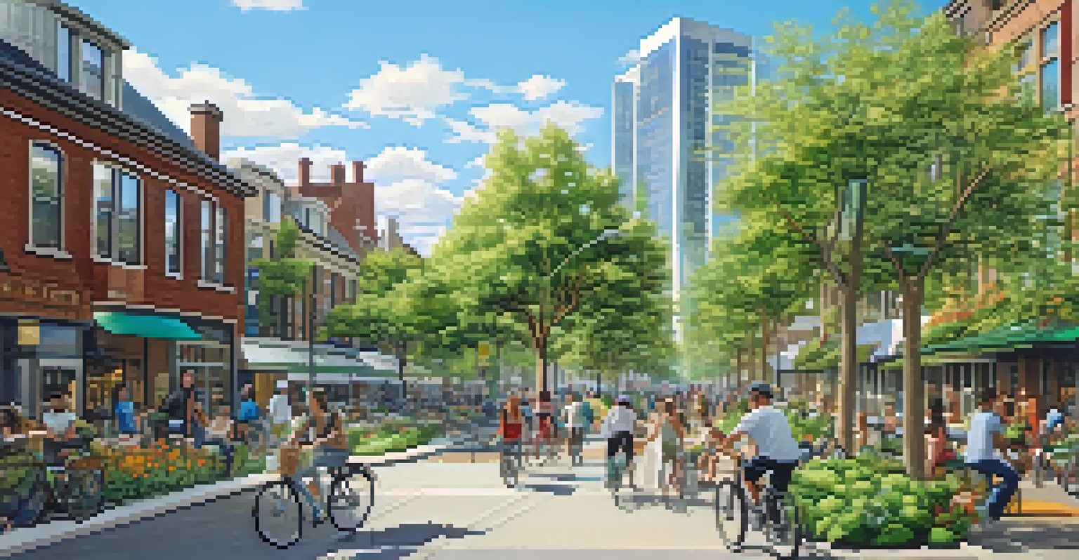 A lively city with clear skies, people biking, and green spaces featuring gardens and solar panels.