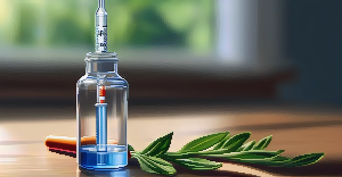 A close-up of a vaccine syringe on a wooden table, illuminated by soft sunlight, with a blurred plant in the background.