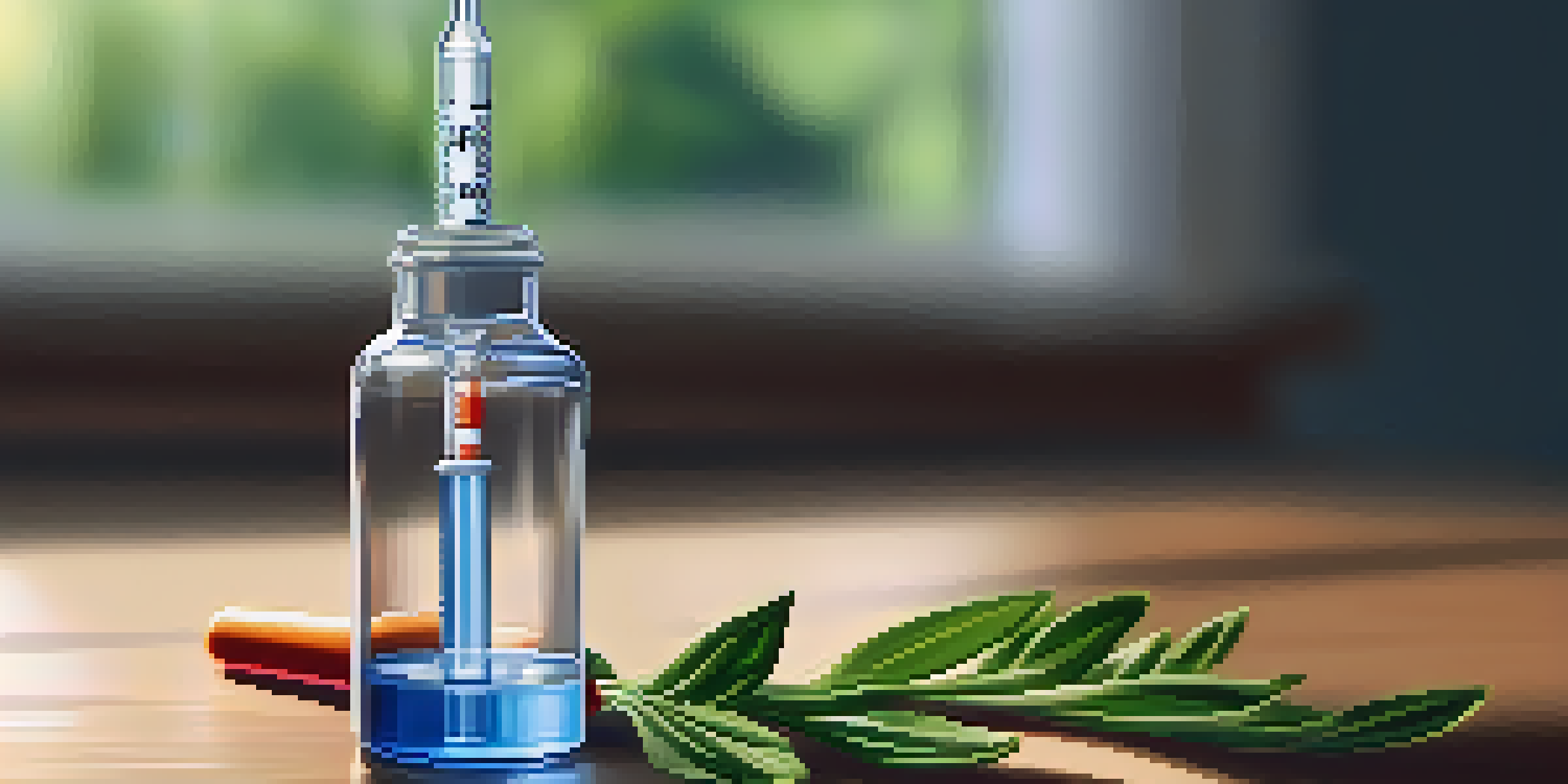 A close-up of a vaccine syringe on a wooden table, illuminated by soft sunlight, with a blurred plant in the background.
