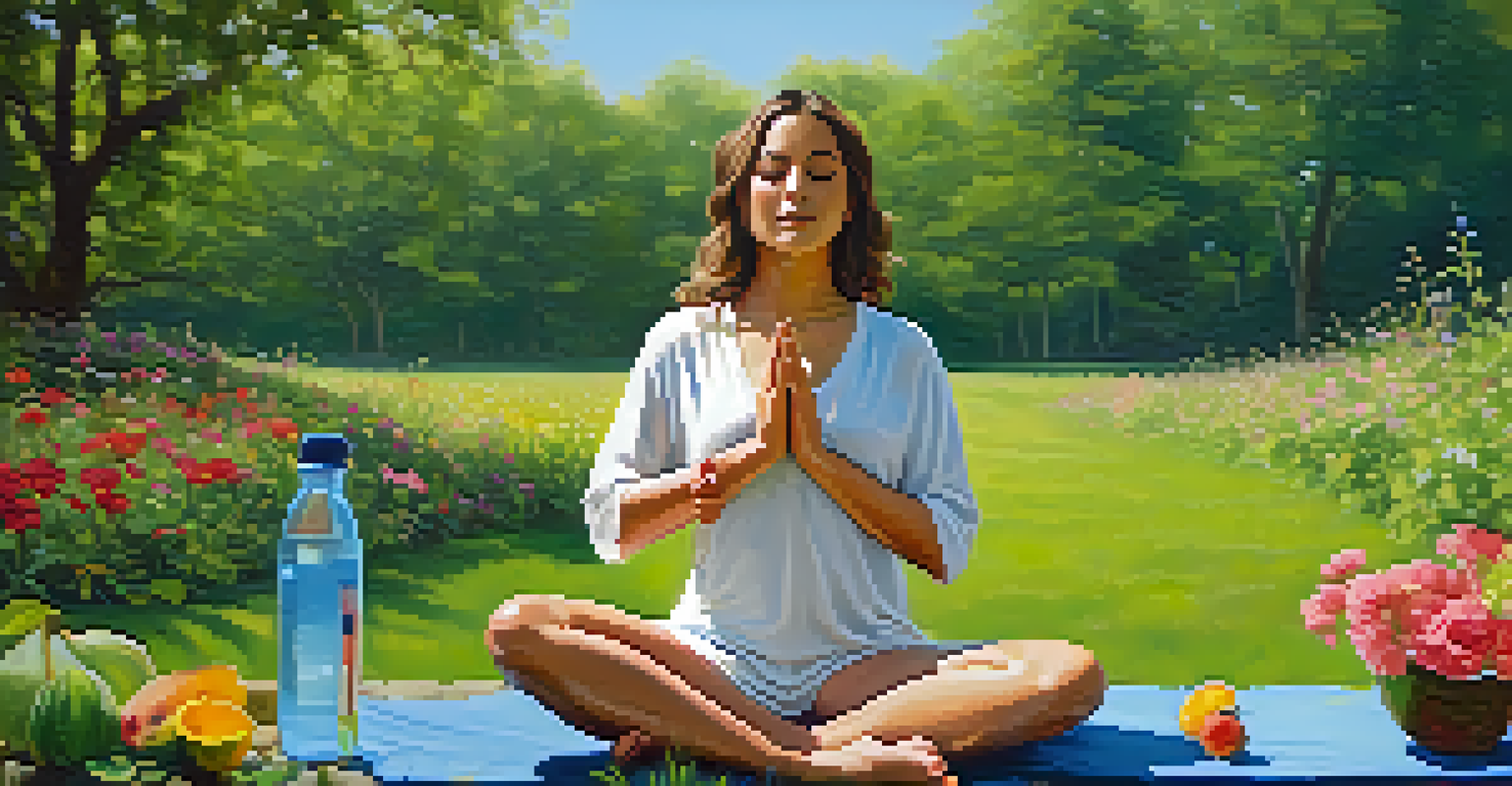 A person practicing yoga in a grassy field surrounded by greenery and flowers, with a plate of fruits and a water bottle nearby, under a clear blue sky.