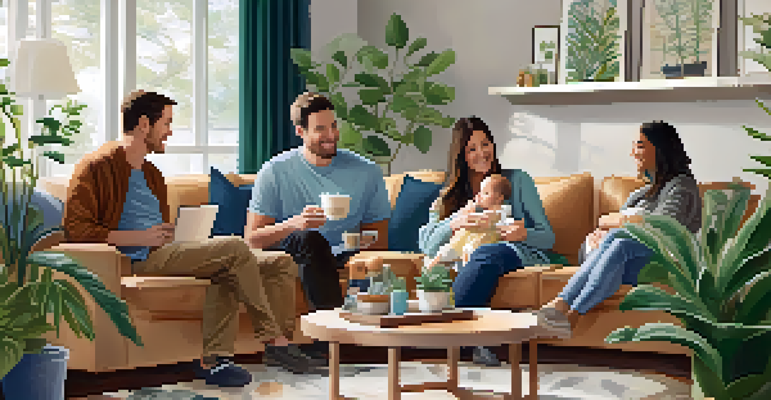 A group of new parents in a cozy living room, sharing experiences over coffee while holding their babies, surrounded by warm lighting and family photos.
