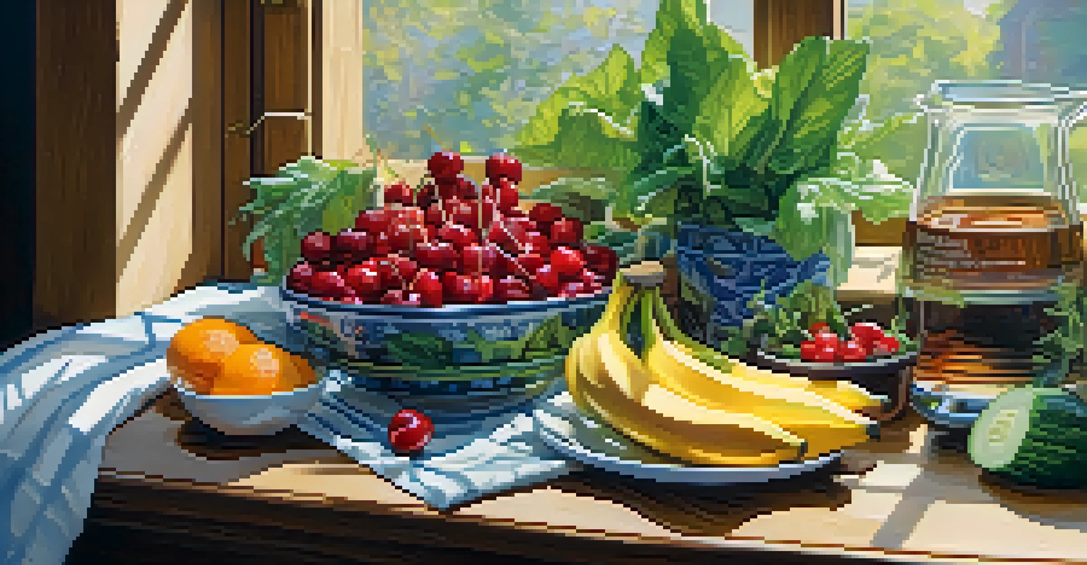 An assortment of healthy foods including cherries, leafy greens, bananas, and infused water with cucumber and orange, beautifully arranged on a wooden table with natural light.