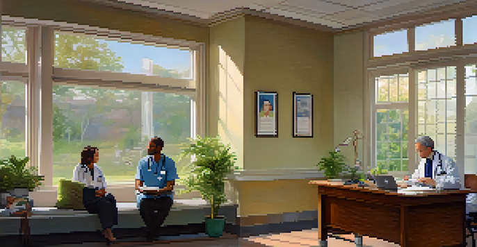 A doctor and patient engaged in a compassionate conversation in a warmly lit healthcare room.