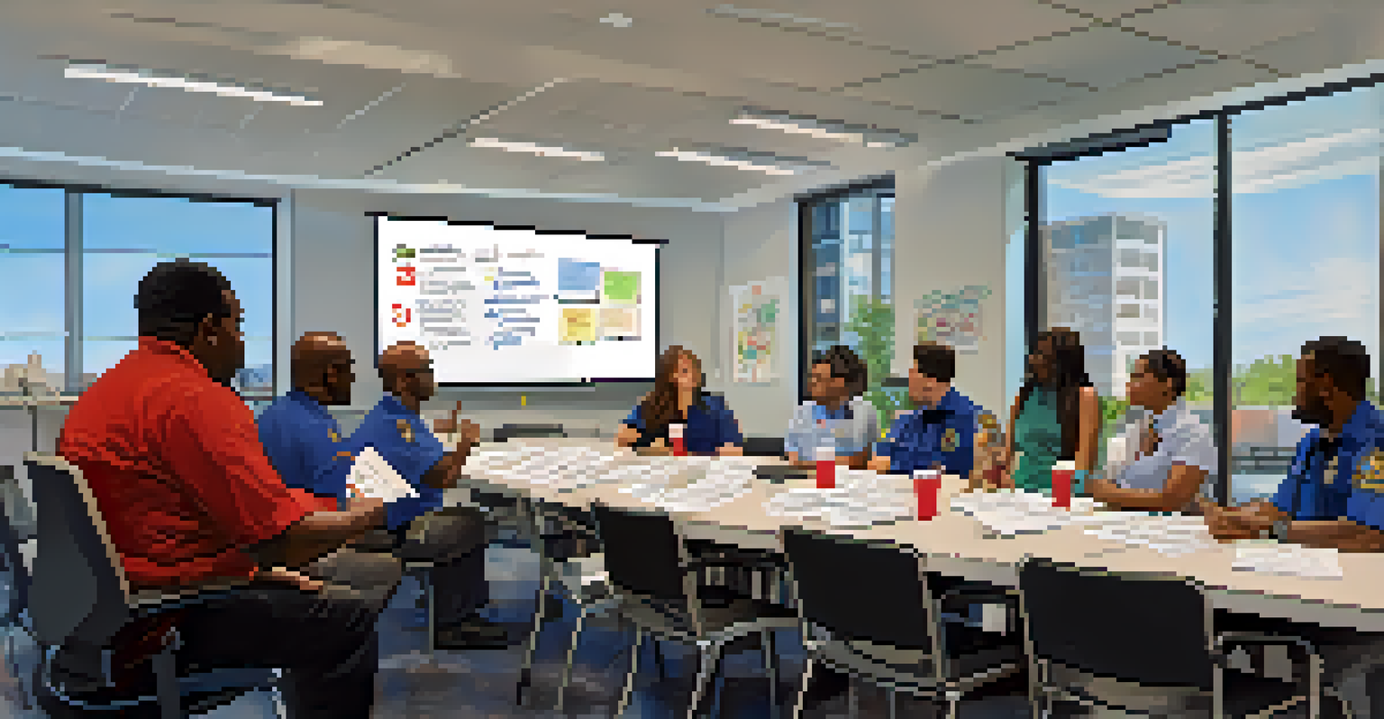 A diverse group of people collaborating in a meeting room focused on mental health crisis intervention.