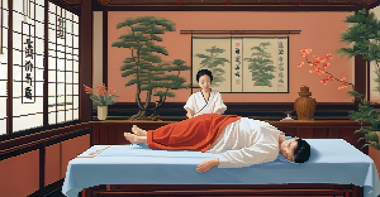 A patient receiving acupuncture treatment in a tranquil clinic setting.