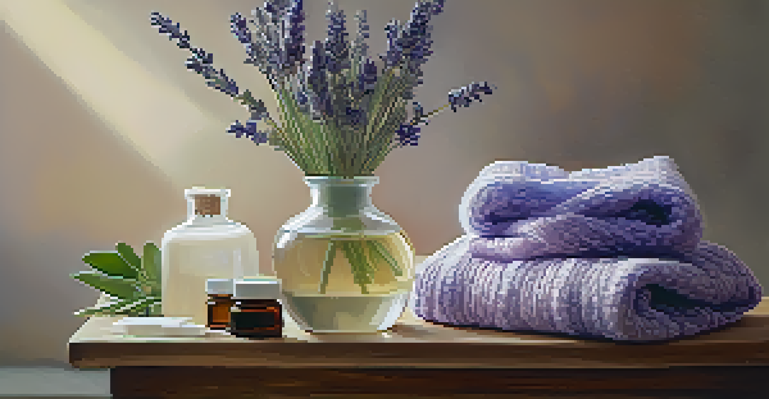 A calming corner with a diffuser, essential oil bottles, and fresh lavender, set against soft textures and warm lighting.