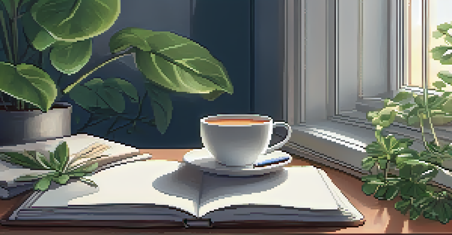 A tranquil workspace with an open notebook, herbal tea, and a plant, bathed in soft light for a calming atmosphere.