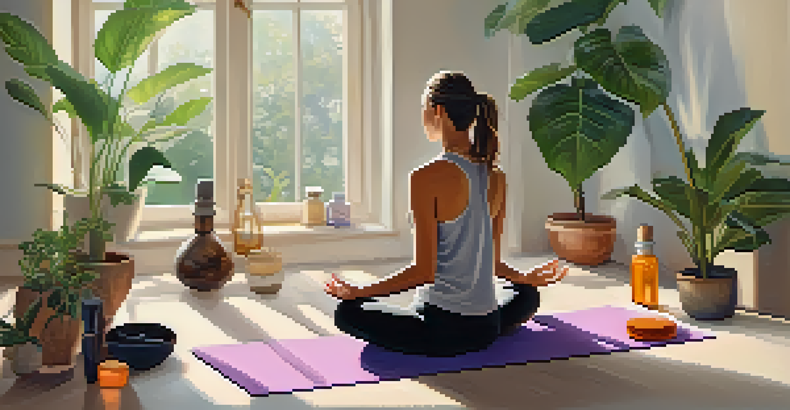 A person meditating on a yoga mat surrounded by essential oil bottles in a tranquil room filled with soft colors and plants.