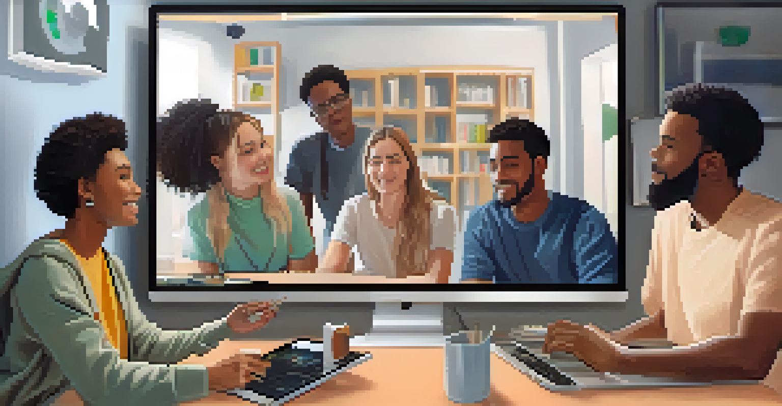 A virtual meeting with diverse young individuals discussing mental health, shown in a grid layout with warm ambient lighting in their backgrounds.
