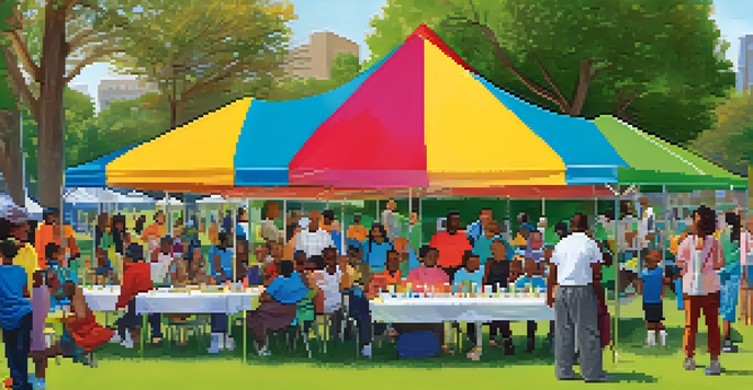 A diverse group of community members at a health fair in a sunny park, with colorful stalls and children playing in the background.