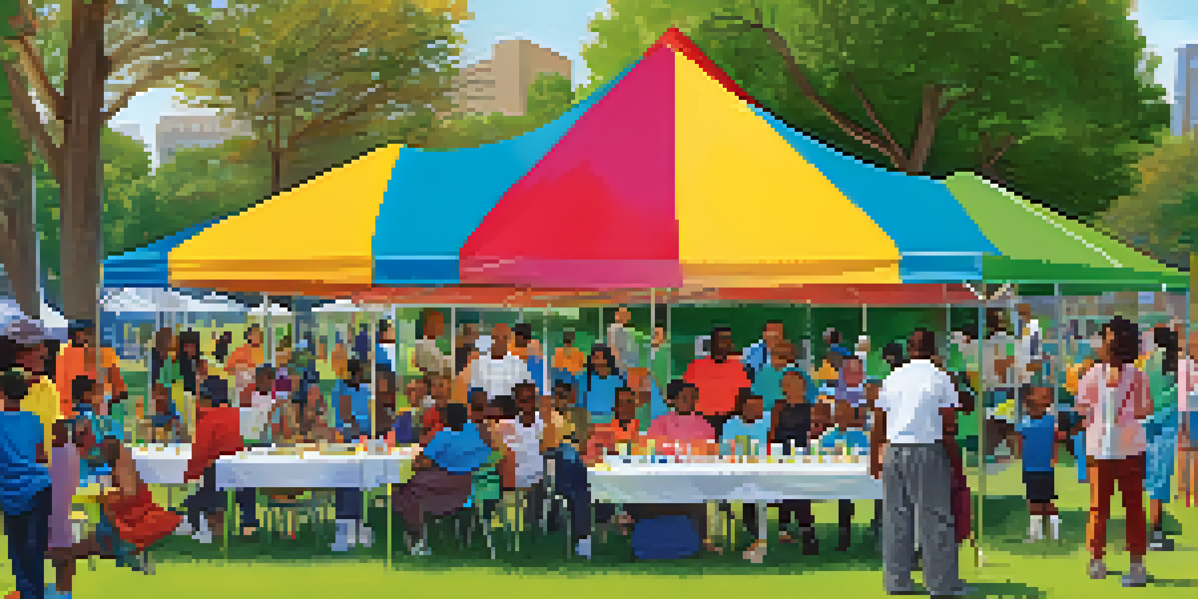 A diverse group of community members at a health fair in a sunny park, with colorful stalls and children playing in the background.