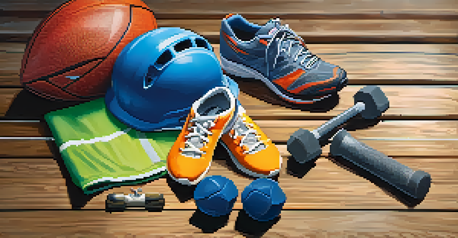 An assortment of sports equipment including a helmet, padded gear, and running shoes on a gym floor.