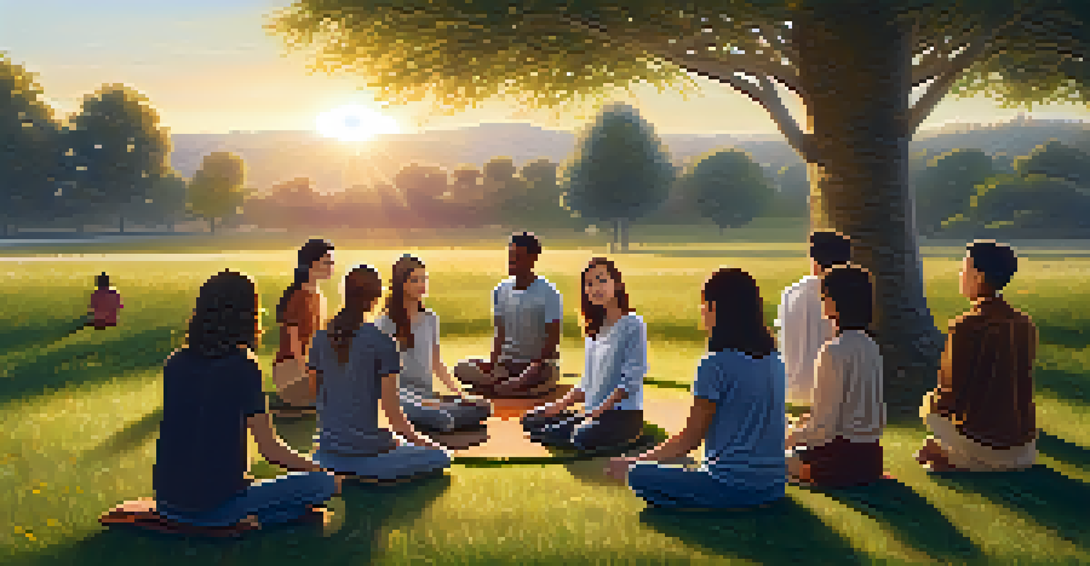 A group of young people meditating in a peaceful outdoor setting during sunset, creating a serene and connected atmosphere.