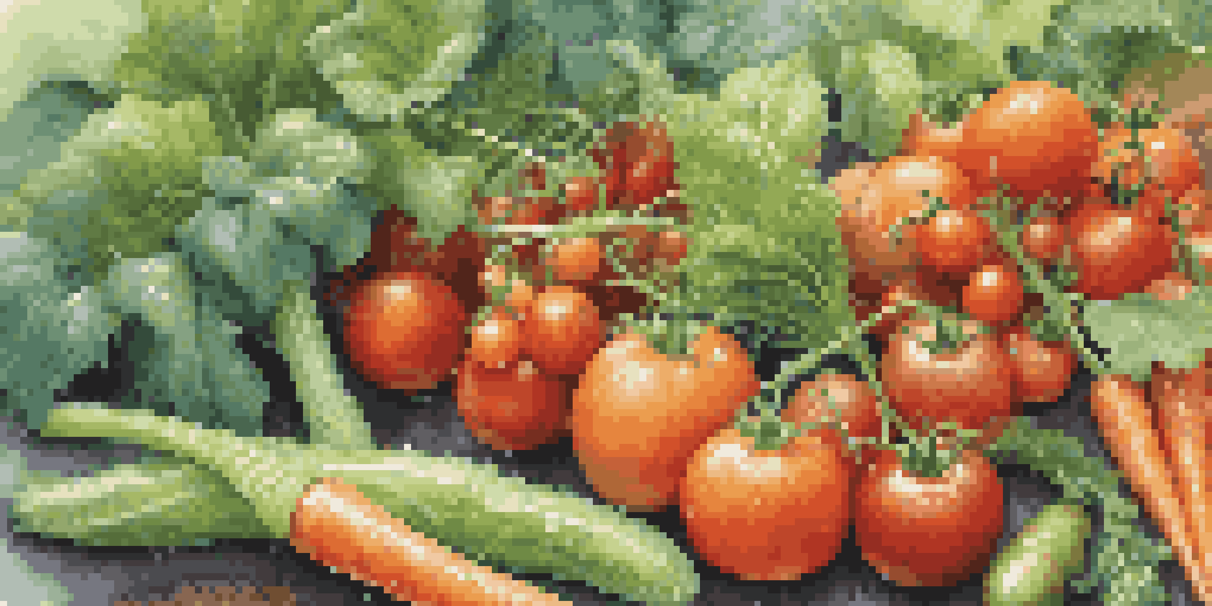 A vibrant vegetable garden filled with fresh produce like tomatoes, carrots, and leafy greens, illuminated by soft morning light.