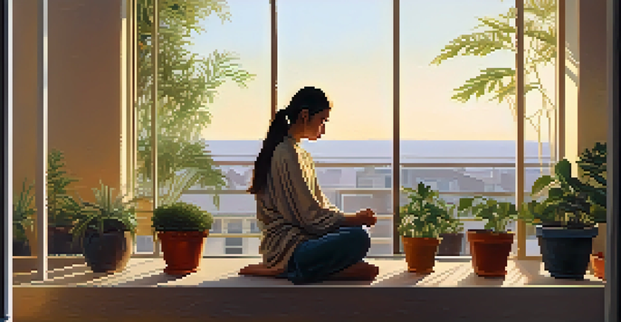 A person practicing mindfulness on a balcony in the morning light, surrounded by plants.
