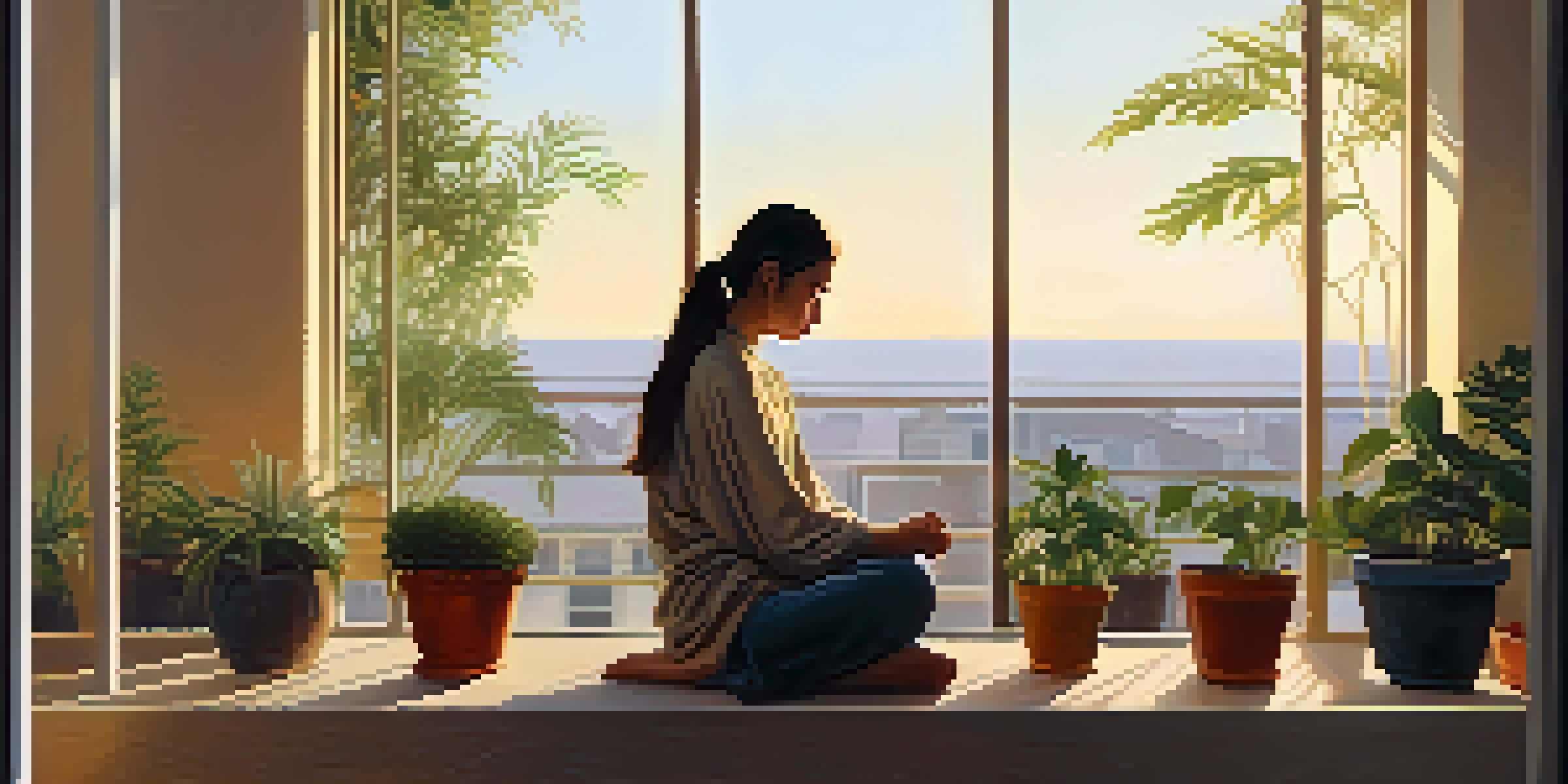 A person practicing mindfulness on a balcony in the morning light, surrounded by plants.