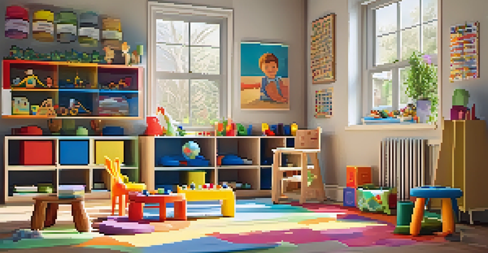 A cozy play therapy room with a child playing with clay, surrounded by colorful toys and art supplies, illuminated by natural light.