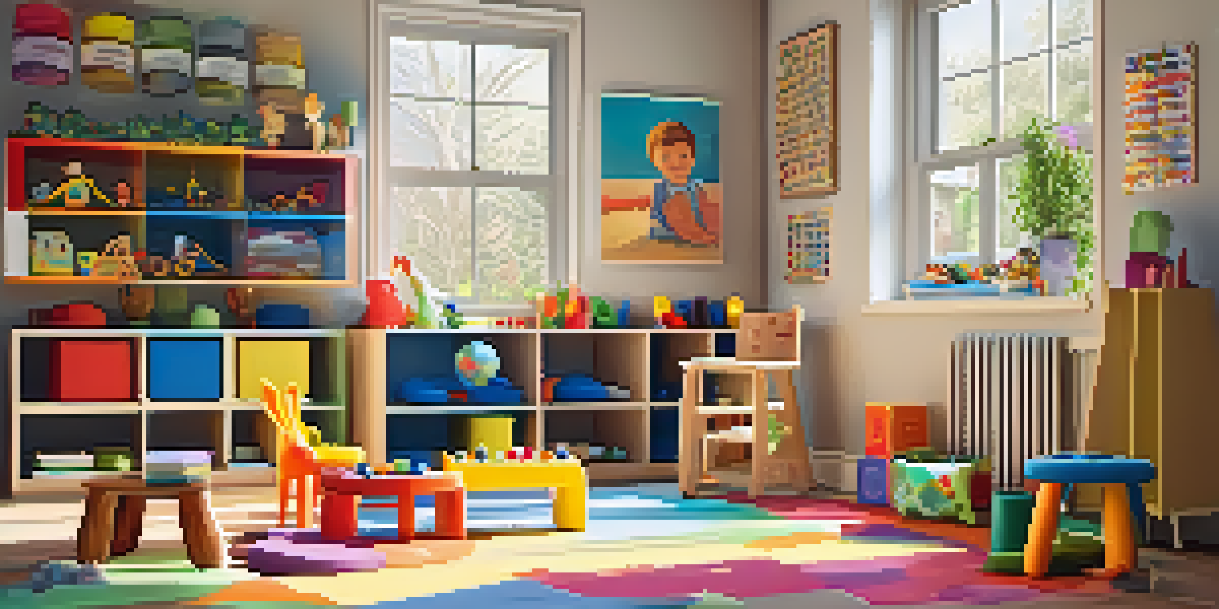 A cozy play therapy room with a child playing with clay, surrounded by colorful toys and art supplies, illuminated by natural light.