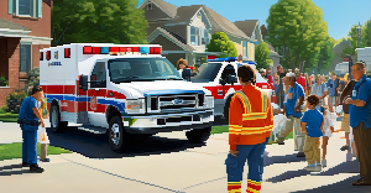Families practicing evacuation protocols during a natural disaster drill in a peaceful neighborhood setting.
