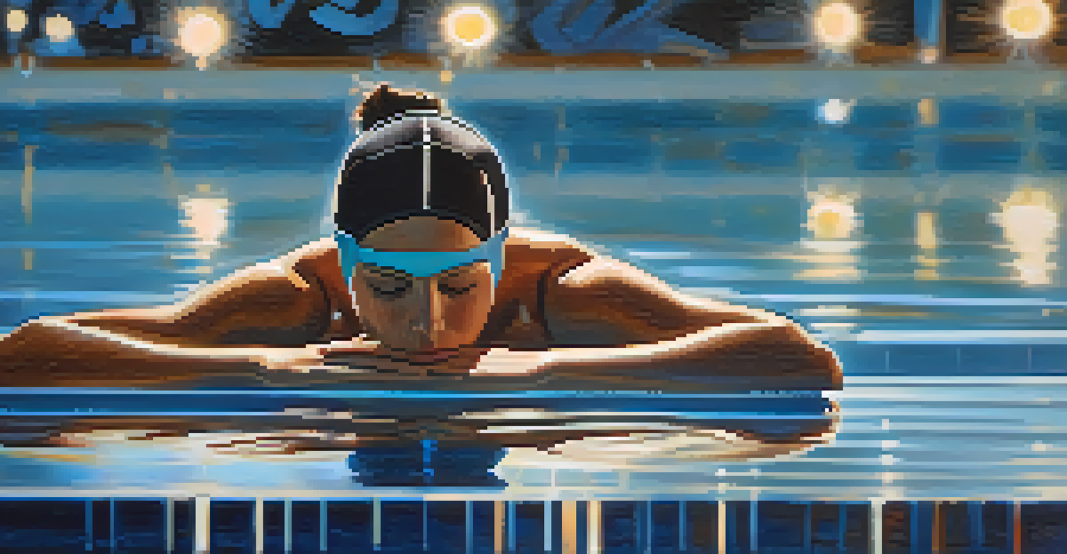 A swimmer meditating at the poolside, with calm water and gentle light reflections around them.