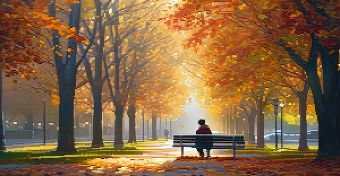 A peaceful park scene with a person sitting on a bench reading a book, surrounded by autumn leaves and soft sunlight, representing tranquility and digital detox.