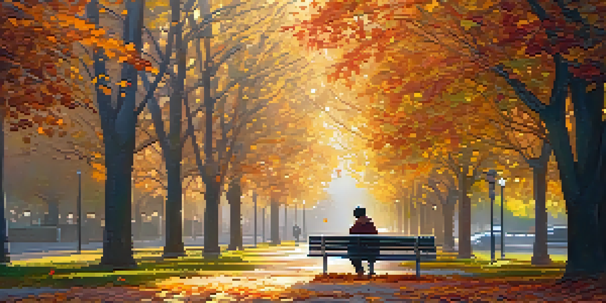 A peaceful park scene with a person sitting on a bench reading a book, surrounded by autumn leaves and soft sunlight, representing tranquility and digital detox.