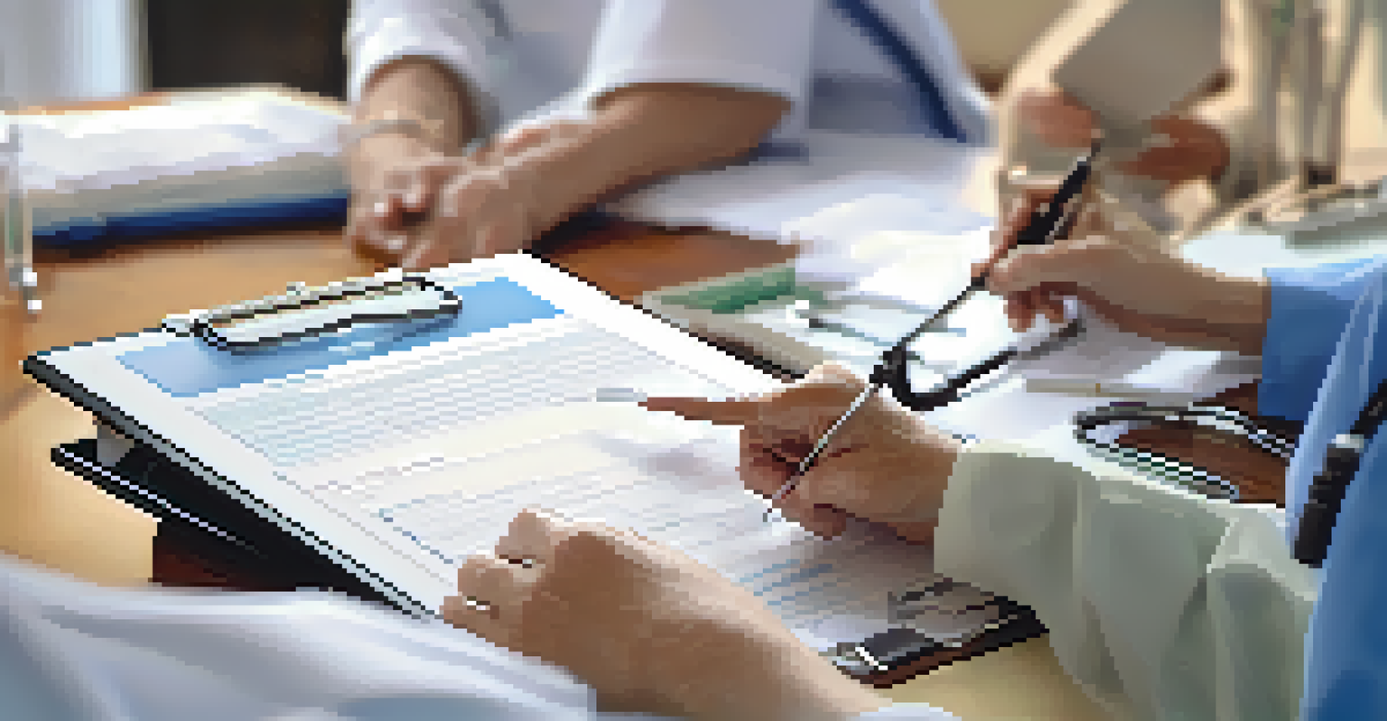 A doctor's hands holding a clipboard with health screening results, while a patient discusses family health history in a bright clinic.