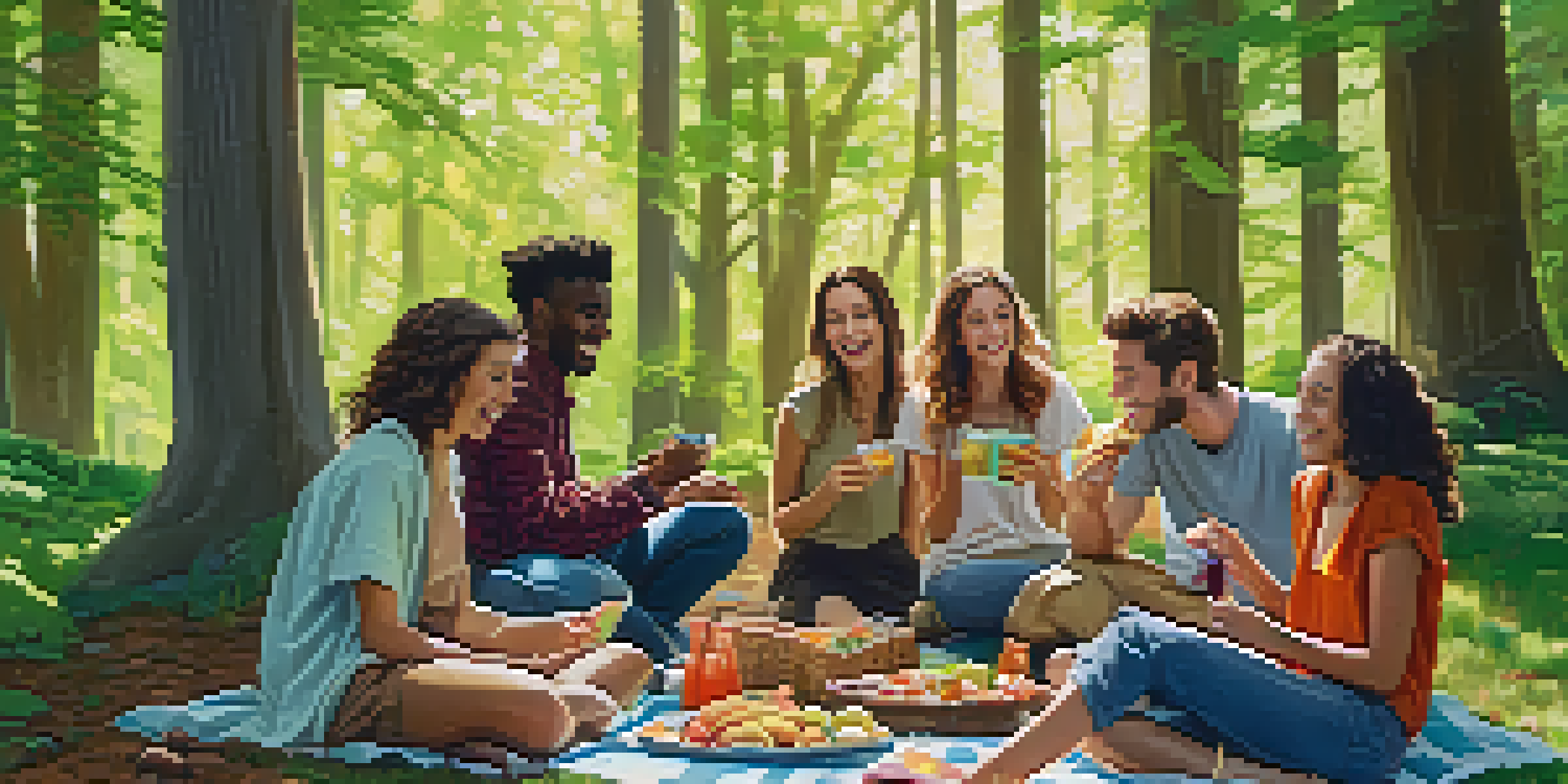 A group of friends having a picnic in a forest, enjoying food and laughter without digital devices.