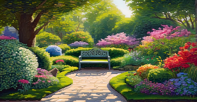 A brain-shaped garden filled with colorful flowers and greenery, with sunlight filtering through trees and a person reading on a bench.