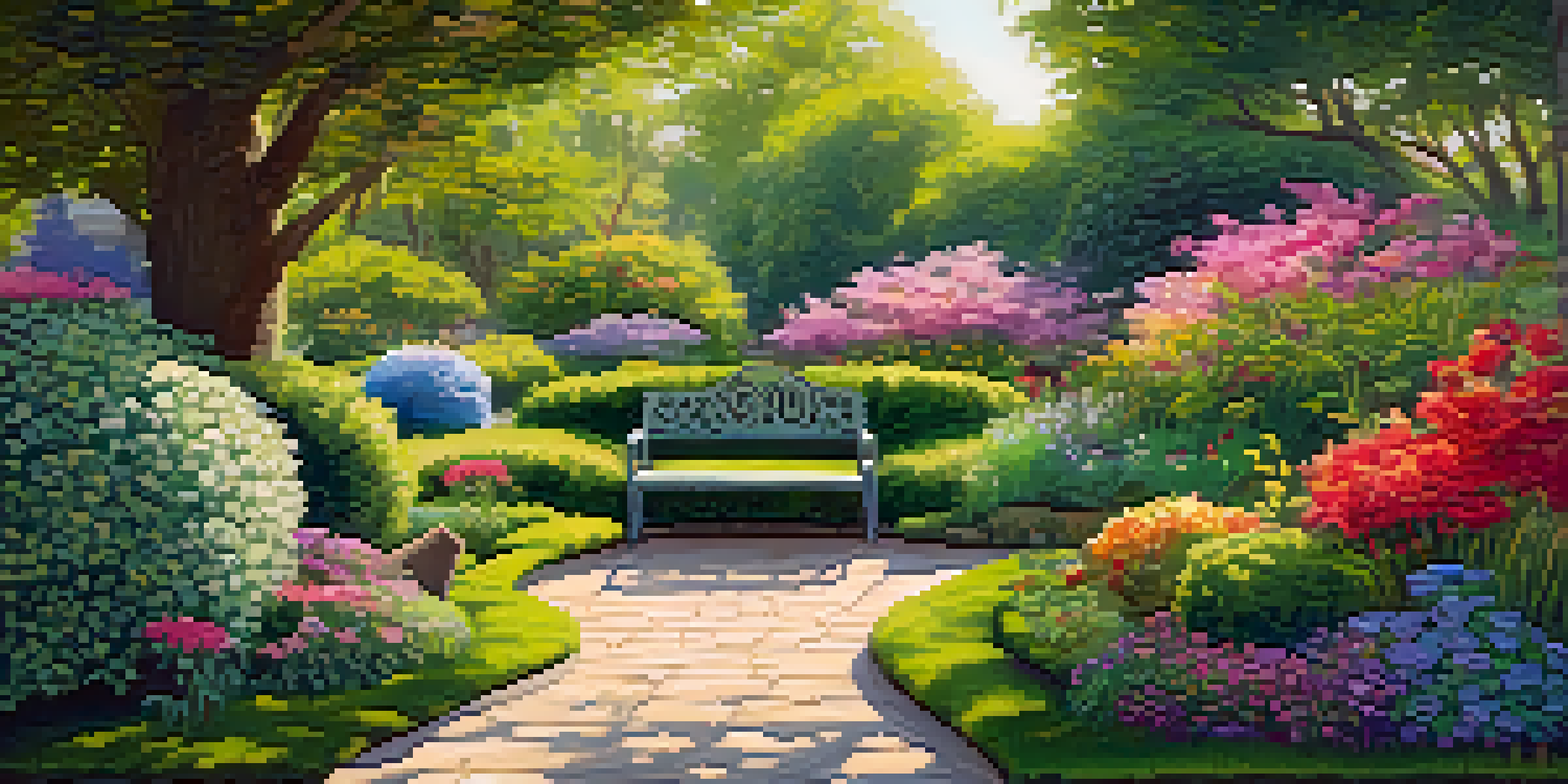 A brain-shaped garden filled with colorful flowers and greenery, with sunlight filtering through trees and a person reading on a bench.