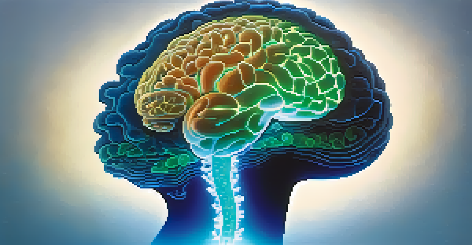 A human silhouette with a glowing brain and digestive system connected by light, surrounded by luminescent microbes, set against a calming blue and green gradient background.