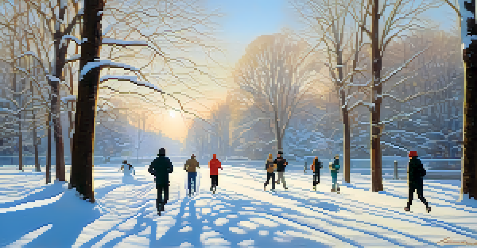 Friends exercising in a winter park with a snowy landscape and bright sunlight.