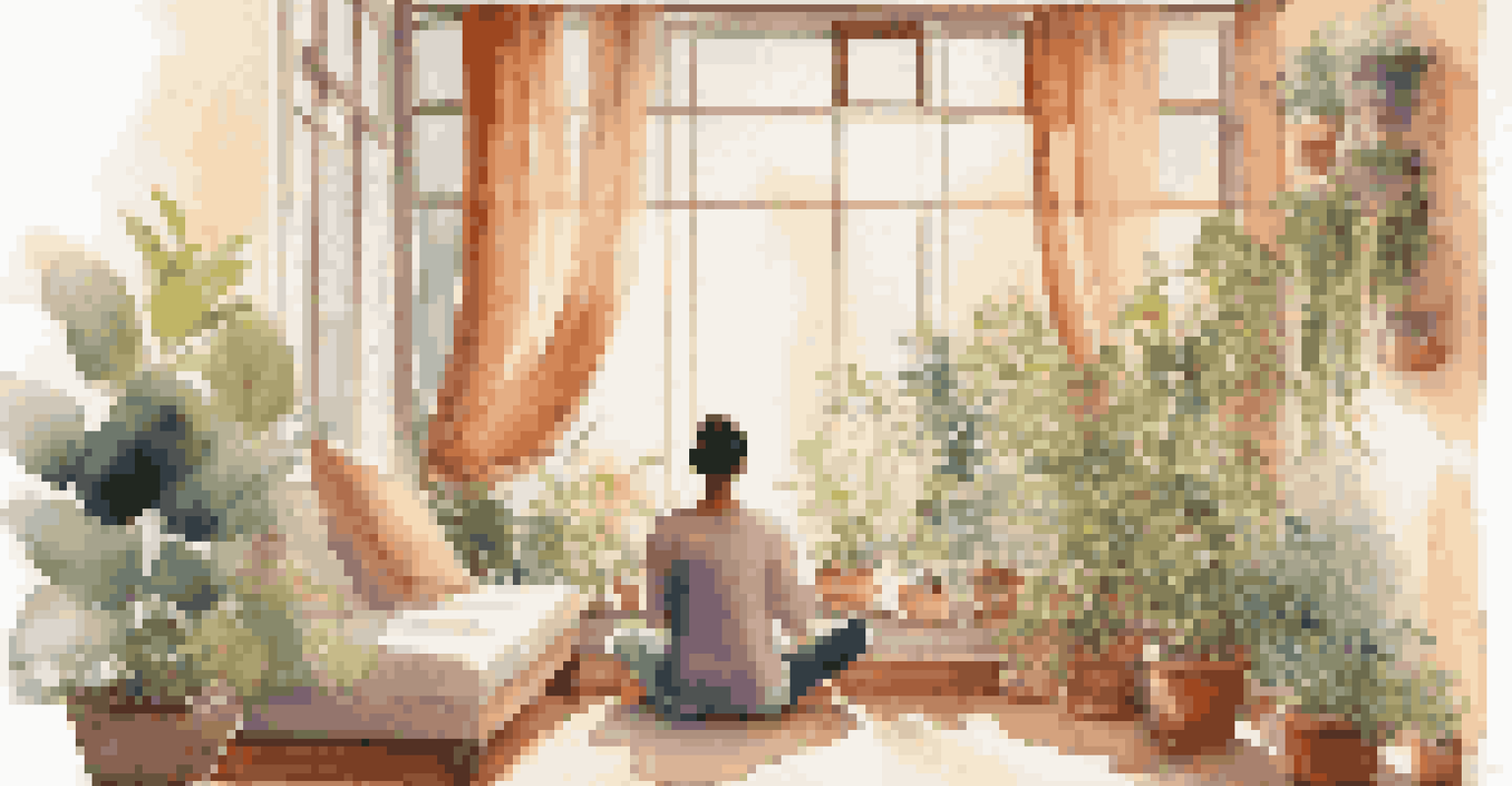 A person meditating in a sunlit room filled with plants and cushions, with sheer curtains gently moving in the breeze.