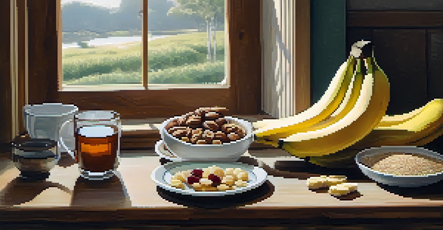 An arrangement of healthy snacks including bananas, oatmeal, and a glass of herbal tea on a wooden table.