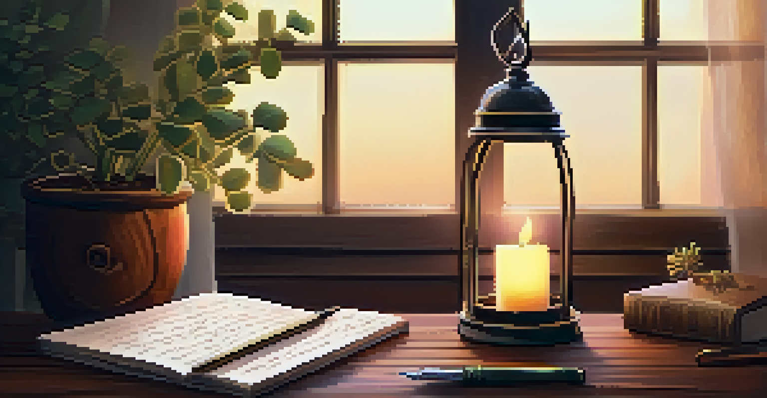 An open gratitude journal with handwritten notes, a fountain pen, and a lit candle on a rustic wooden desk.